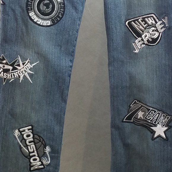 LeMore Vintage 90's Patch Covered Jeans SZ 11. - Picture 3 of 8